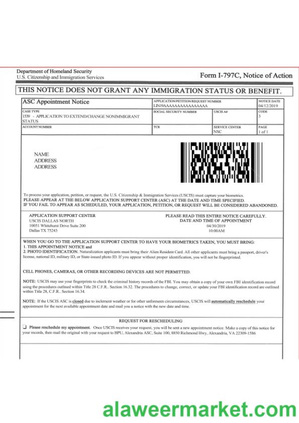U.S. Citizenship and Immigration services form I-797C, Notice of action
